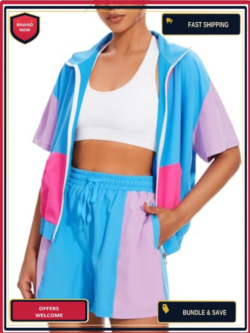 UOUA Women's 80s 90s Costume 2 Piece Zip Up Short Sleeve Track Suit